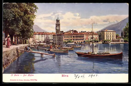 Künstler-AK Riva, Il porto con barche e torre dell`orologio sullo sfondo