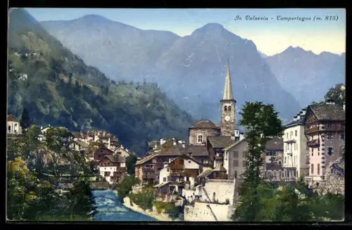 AK Campertogno /Valsesia, Vista del villaggio con chiesa e montagne sullo sfondo