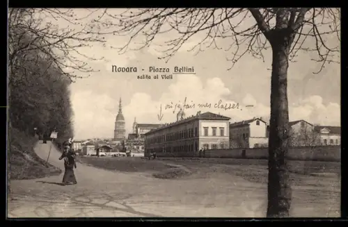 AK Novara, Piazza Bellini, salita ai Viali, vista sulla strada con alberi e edifici storici
