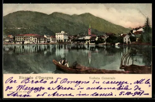 AK Omegna, Veduta Generale con barca sul lago e montagne sullo sfondo