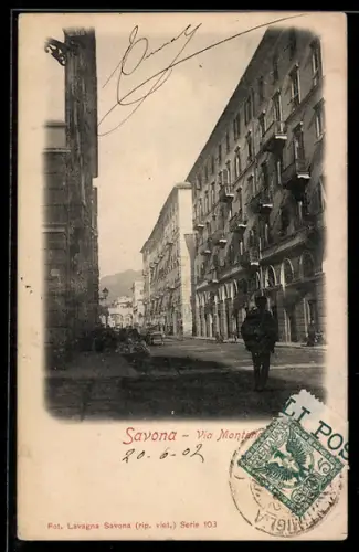 AK Savona, Via Montenotte con figura solitaria e edifici storici sullo sfondo