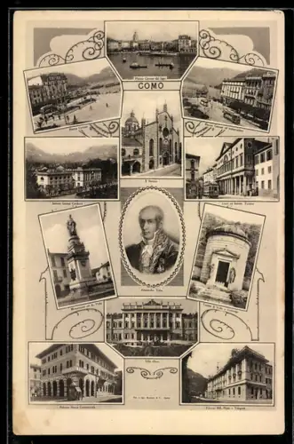 AK Como, Collage di monumenti e paesaggi storici con ritratto centrale di personaggio storico, Strassenbahn