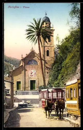 AK Portofino, Chiesa con carrozze trainate da cavalli davanti