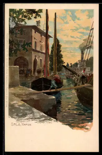 Lithographie Salô, Vista del porto con imbarcazioni e edifici storici sullo sfondo