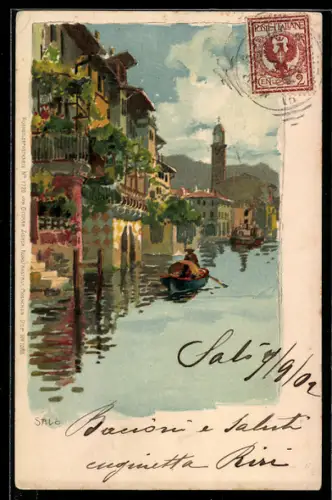 Lithographie Salo, Vista sul canale con gondola e campanile sullo sfondo
