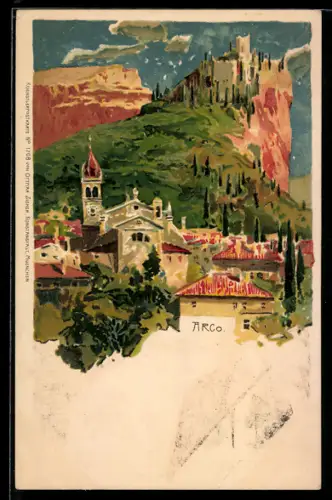 Lithographie Arco, Vista del borgo con il castello sulla collina e paesaggio montuoso