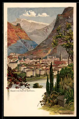 Lithographie Bozen, Vista sul castello di Sarentino e paesaggio alpino