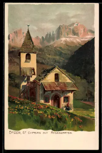 Lithographie Bozen, St. Cyprian mit dem Rosengarten