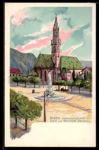 Lithographie Bozen, Johannesplatz mit Dom und Walther-Denkmal