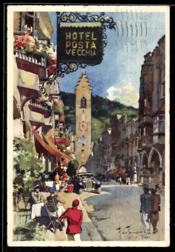 Künstler-AK Vipiteno, Veduta dell`Hotel Posta Vecchia e della via principale, Propr. F. P. Kleewein