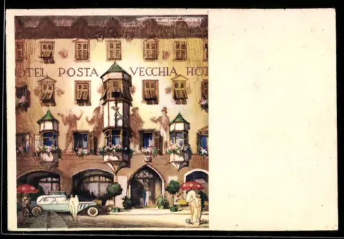 Künstler-AK Vipiteno /Bolzano, Hotel Centrale Posta Vecchia con figure e auto d`epoca