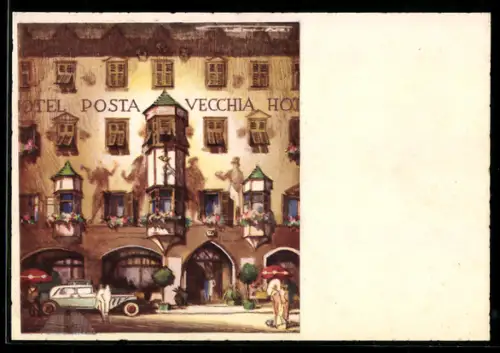 Künstler-AK Vipiteno /Bolzano, Hotel Posta Vecchia con auto d`epoca e passanti