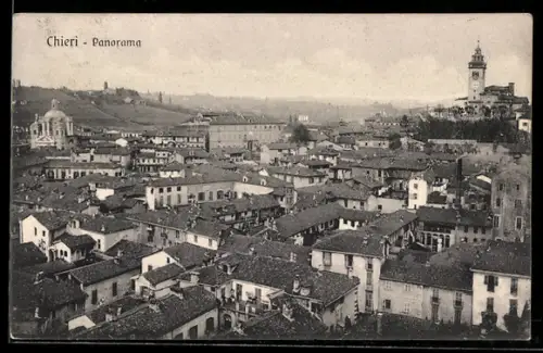 AK Chieri, Panorama della città con campanile e colline sullo sfondo