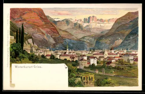 AK Gries, Ortsansicht mit Blick auf die Berge