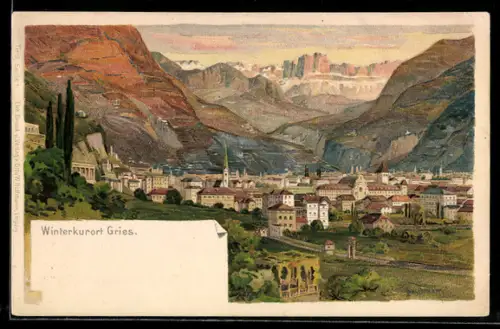 AK Gries, Veduta panoramica del villaggio montano e delle Alpi sullo sfondo