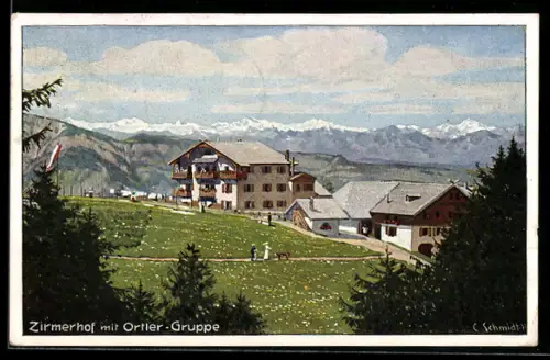 Künstler-AK Carl Schmidt: Radein, Gasthaus Zirmerhof mit Ortler