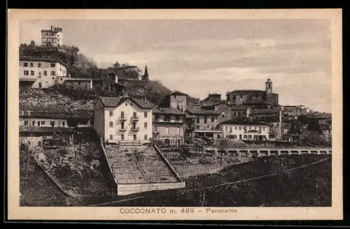 AK Cocconato, Panorama del paese con edifici storici e colline sullo sfondo
