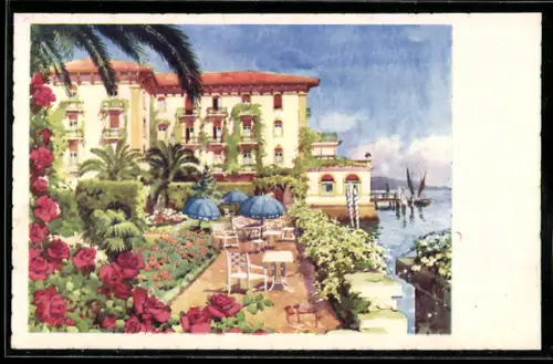 Künstler-AK Fasano Riviera /Lago di Garda, Hôtel Bella Riva con giardino e vista sul Lago di Garda