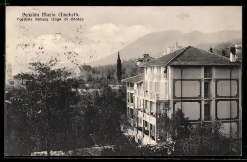 AK Gardone Riviera /Lago di Garda, Pension Maria Elisabeth con vista sul Lago di Garda e montagne sullo sfondo
