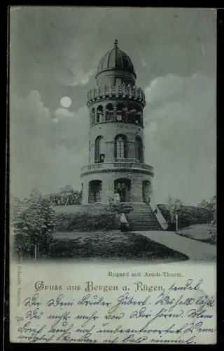 Mondschein-AK Bergen a. Rügen, Rugard mit Arndt-Turm