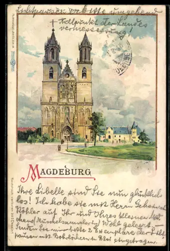 Lithographie Magdeburg, Blick zum Dom