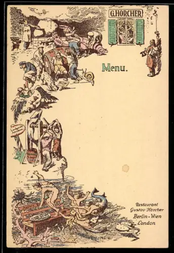 Künstler-AK Berlin-Schöneberg, Restaurant Gustav Horcher, Lutherstrasse 21, Menükarte mit humoristischen Illustrationen