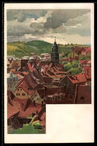 Lithographie Meissen, Ortsansicht mit Kirche und umliegenden Häusern