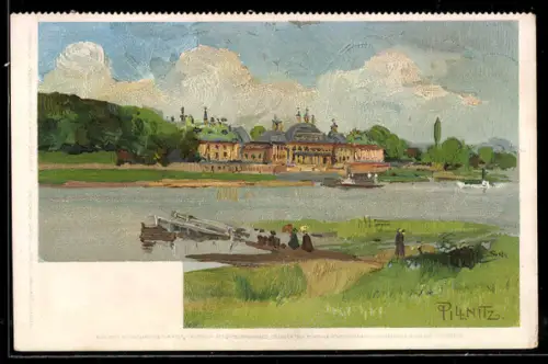 Lithographie Pillnitz /Dresden, Schloss am Ufer