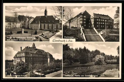 AK Limbach i. Sa., Platz der nationalen Erhebung mit Herbert Grobe-Denkmal, Hans-Schemm-Schule, Stadtpark