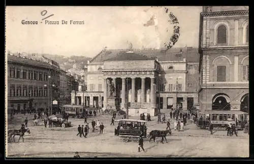 AK Genova, PIazza de Ferrari mit Strassenbahnen und Reiterdenkmal
