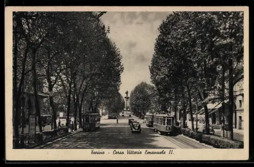 AK Torino, Corso Vittorio Emanuele II. mit Strassenbahnen und Denkmal