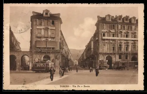 AK Torino, Via Po e Zecca, Strassenbahn