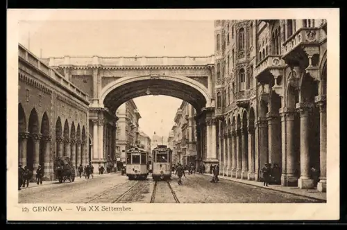 AK Genova, via XX Settembre, Strassenbahnen