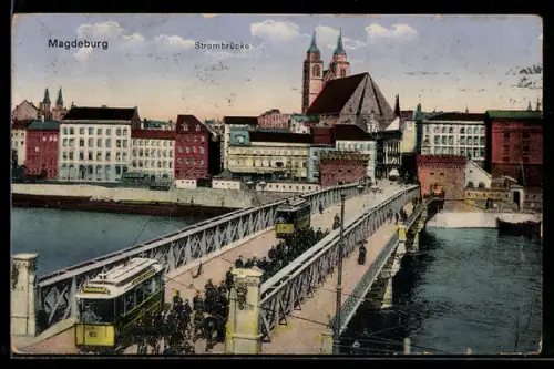 AK Magdeburg, Strombrücke mit Strassenbahn, Im Hintergrund Kirche