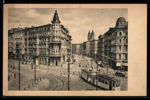 AK Magdeburg, Hasselbachplatz, Blick auf Breiter Weg, Strassenbahn, Litfasssäule