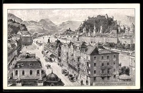 Künstler-AK Salzburg, Strassenpartie am Hotel Österreichischer Hof