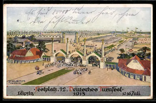 Künstler-AK Leipzig, 12. Deutsches Turnfest 1913, Festhallen