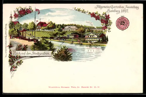 Lithographie Hamburg, Allgemeine Gartenbau Ausstellung 1897, Blick a. d. Stadtgraben