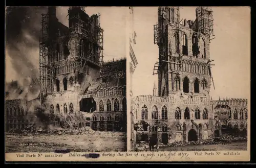AK Ypres, Halles pendant l`incendie du 22 novembre 1914 et apres le Bombardement