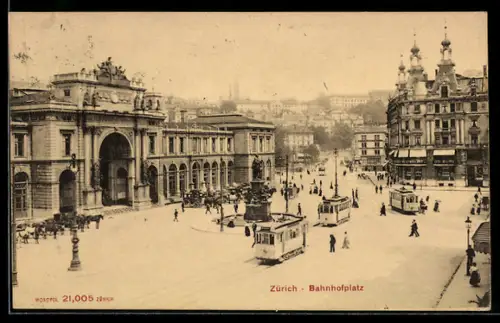 AK Zürich, Strassenbahnen am Bahnhof auf dem Bahnhofplatz