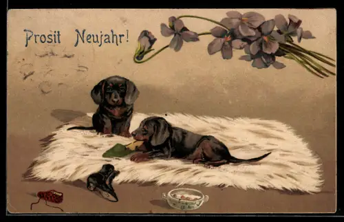 AK Zwei Dackel spielen mit Schuhen, Neujahrsgruss