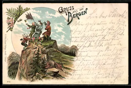 Lithographie Bergsteiger auf dem Gipfel geraten in einen Sturm