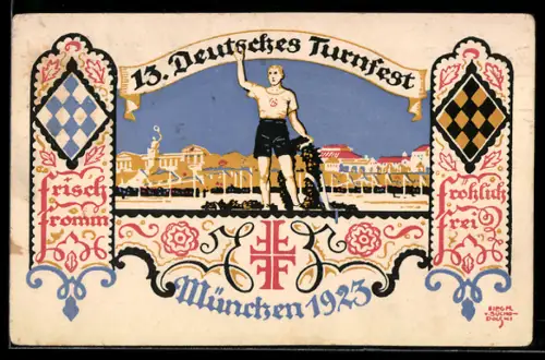 Künstler-AK Siegmund von Suchodolski: München, 13. Deutsches Turnfest 1923, Turner mit Ehrenkranz