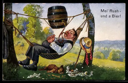 Künstler-AK E. Schlemo: Mei` Ruah- und a Bier!, Mann in der Hängematte trinkt mit dem Schlauch aus dem Bierfass