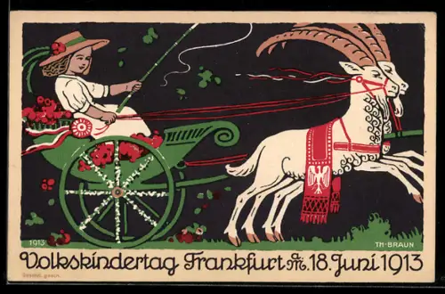Künstler-AK sign. Theodor Braun: Frankfurt, Volkskindertag 1913, Kind in einem Streitwagen gezogen von zwei Steinböcken