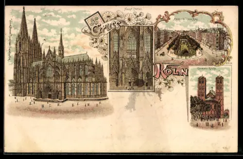 Lithographie Köln-Neustadt, Gereons Kirche, Kaiser Wilhelm Ring
