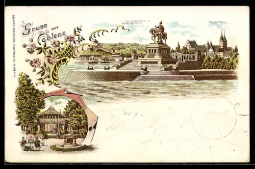 Lithographie Koblenz, Trinkhalle mit Gästen in den Rheinanlagen und Provinzial-Denkmal Kaiser Wilhelm I.