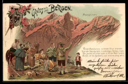 Lithographie Souvenir des Alpes, Bergsteiger machen Rast auf dem Gipfel