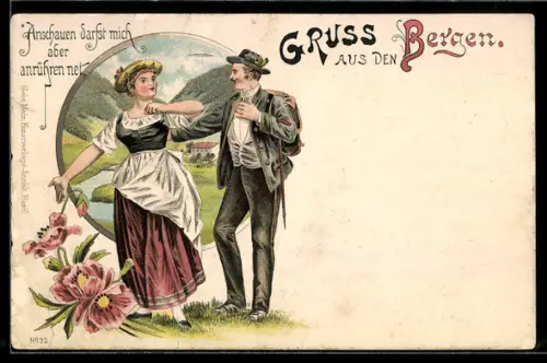 Lithographie Anschauen darfst mich aber anrühren net, Frau in Tracht will Bergsteiger eine Klatschen