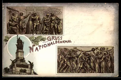Lithographie Nationaldenkmal auf dem Niederwald, Relief Abschied und Heimkehr